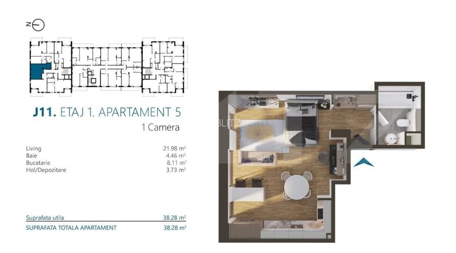 Apartament cu o camera, 38 mp, Ansamblu Rezidential, zona RIVUS - 2