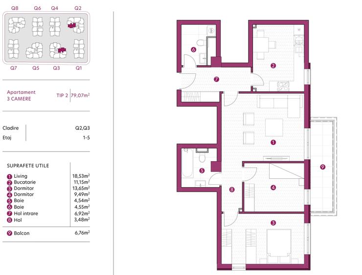 Apartament 3 camere, 2 bai, 79 mp, bloc NOU, lux, GALATA, TVA inclus