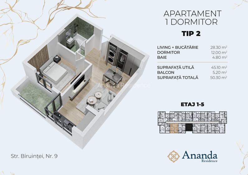 Apartament 1 dormitor  45 mp utili Incalzire pardoseala - 1