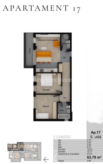 Apartament de 3 camere FINISAT / Muzeul Apei 63,79 mp, terasa 5,69 mp   - 11