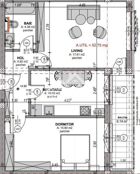 Apartament decomandat cu 2 camere-s.utila 53.46 mp, balcon 6,14- loc de parcare - 2