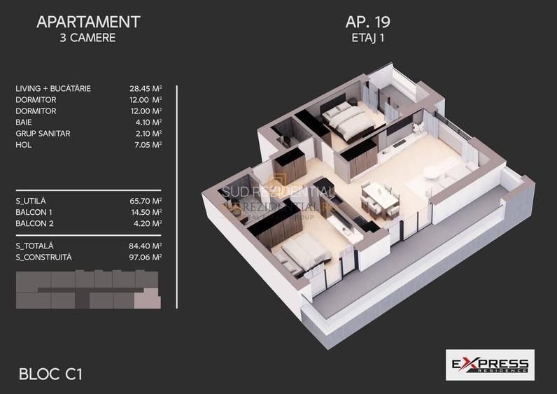 Apartament compartimentat modern, 3 camere, Bd.Metalurgiei, Comision 0 - 1