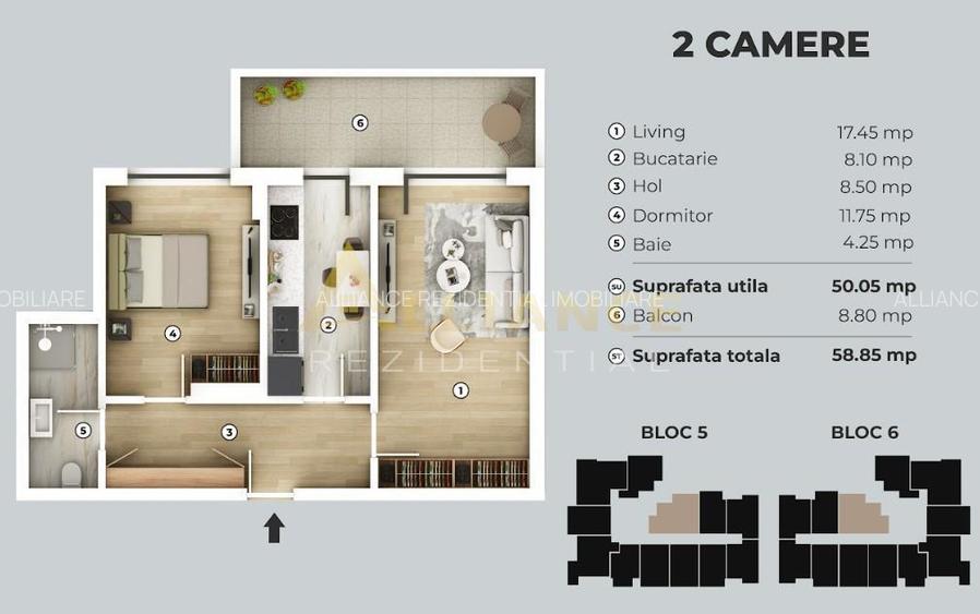 Apartament 2 camere | decomandat | 59 mp - Metrou - 6