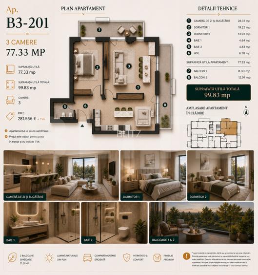 Apartament 3 camere, 77 mp | Standarde nZEB | Ansamblu nou | Buna Ziua - 3
