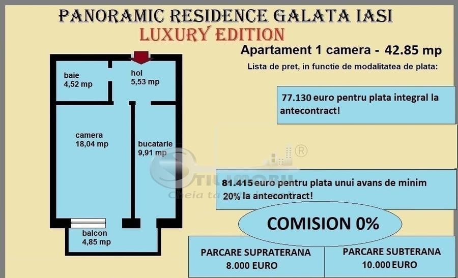Apartament 1 camera de vanzare in Iasi, Galata, 42,85 mp, bloc nou