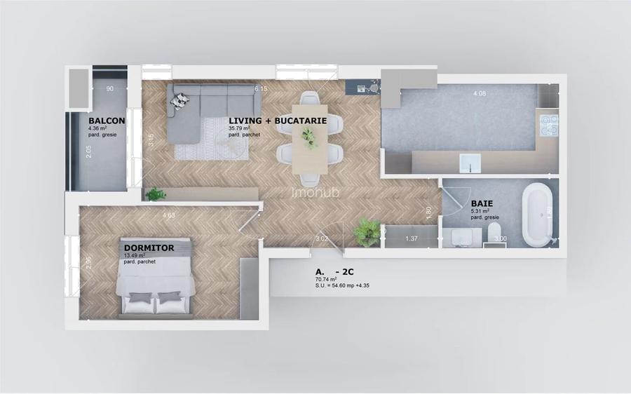 Apartament 2 camere, open space , 59 mp, Tatarasi - 5