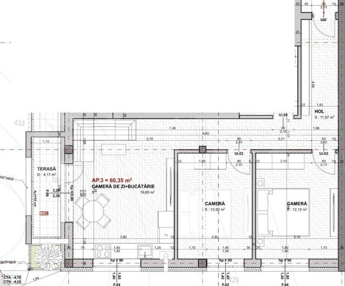 Apartament modern, semifinisat, cu 3 camere, 60 mp, etaj intermediar