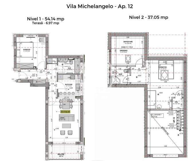 Penthouse 3 camere, intabulat, mobilat si utilat - dressing + 2 bai