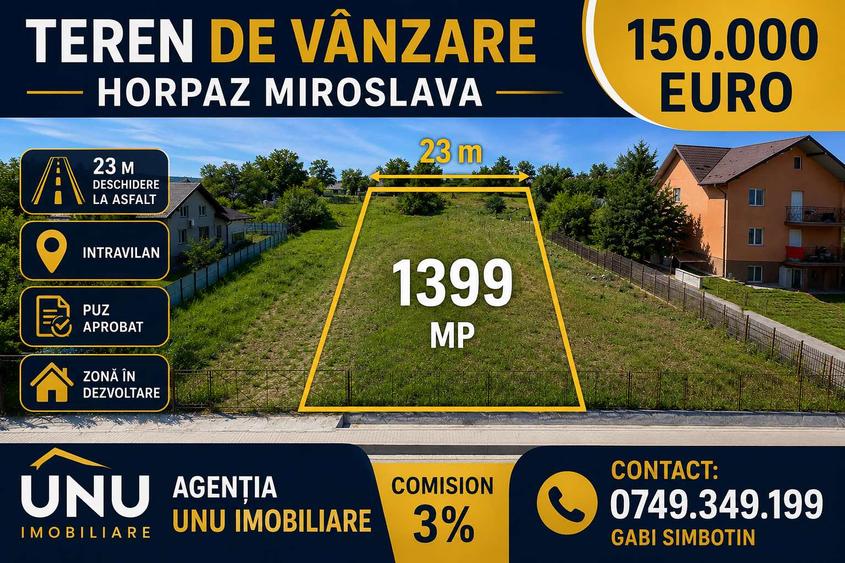 Teren intravilan Horpaz – Miroslava, Iași 1399 mp 23 m deschidere la asfalt PUZ aprobat
