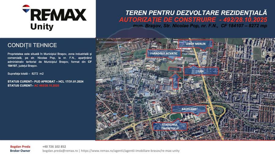Teren dezvoltare rezidențială 8,272mp Brasov / Strada Nicolae Pop/ AC - 2