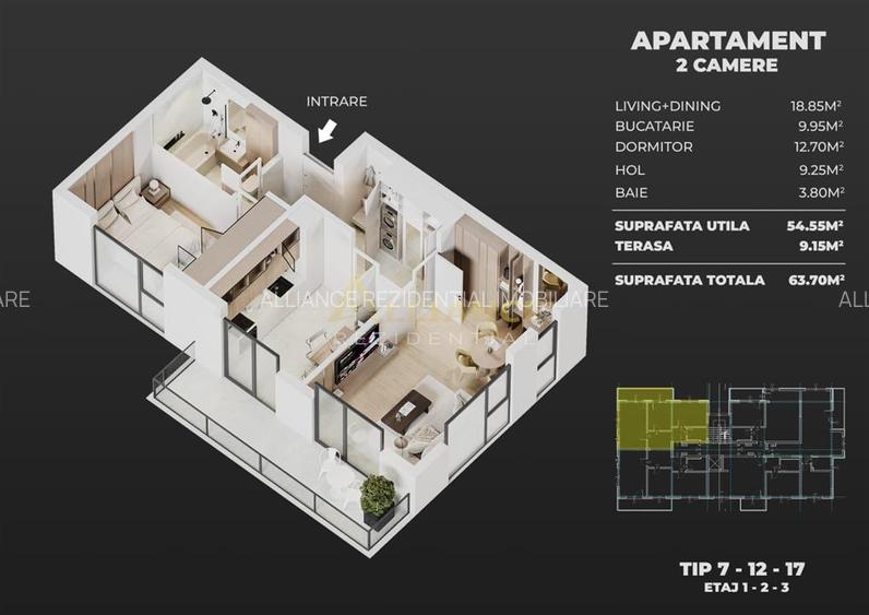 Apartament cu 2 camere, decomandat- 62 MP - - 1