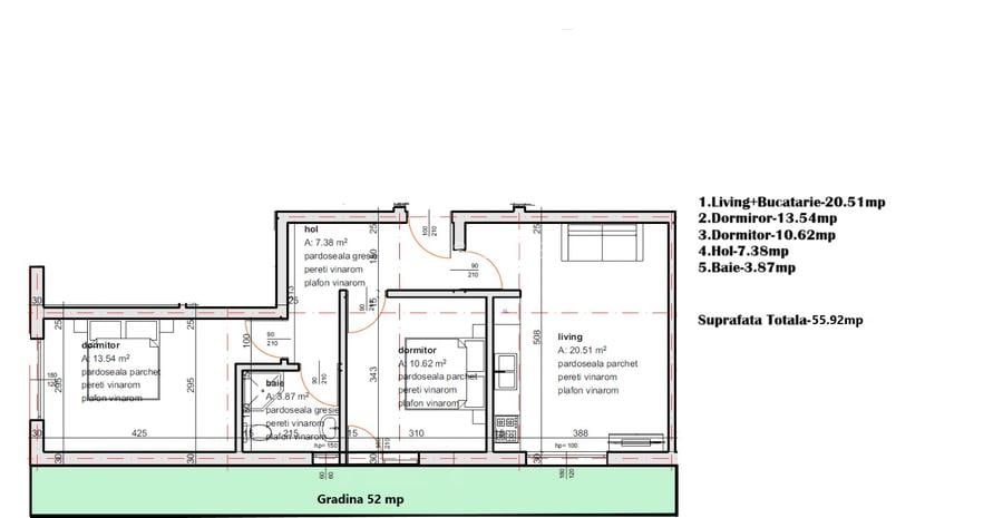 Apartament 3 camere cu gradina proprie 52 mp Leordeni Penny. - 2