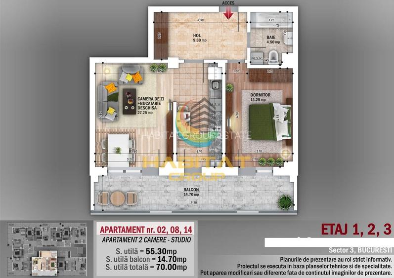 N. Grigorescu 2 camere semidecomandat 55 mp + terasa 15 mp - 2