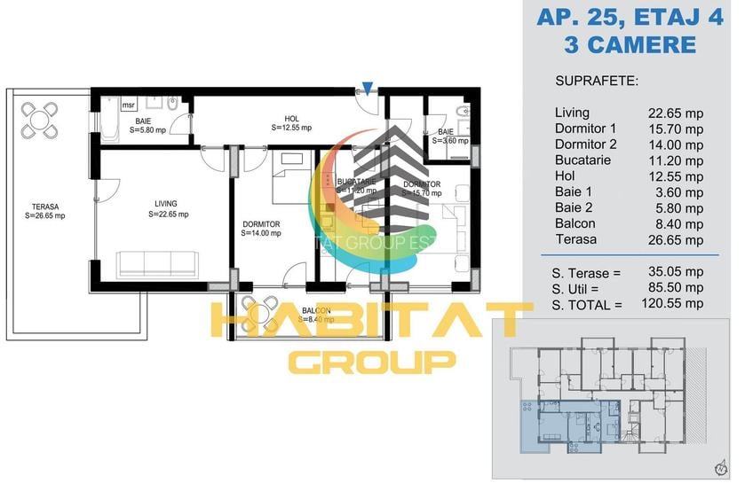 Titan 3 camere decomandat 121 mp  doar 15 min. metrou Teclu - 2