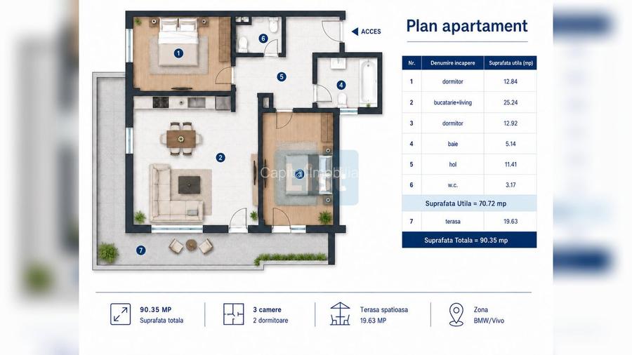 3 camere semidecomandat, et. 3/6+R - zona BMW / VIVO, Florești - 2
