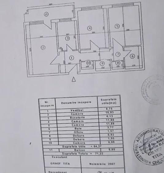 Apartament 3 camere decomandat, 71 mp, bloc reabilitat, balcon, zona Militari