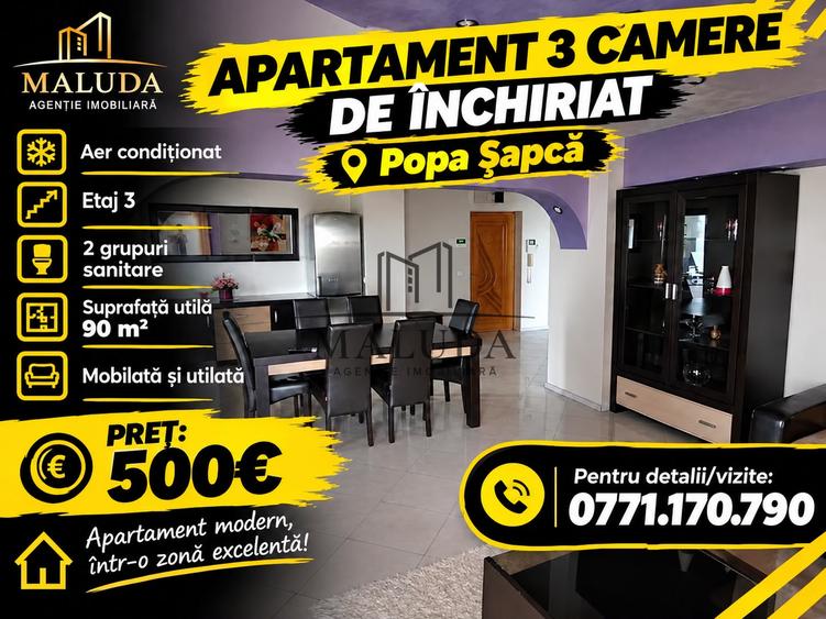 De închiriat | 3 camere cf. 1 decomandat | Popa Sapca | 500 eur.