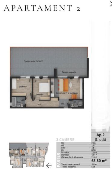 Apartament de 3 camere Finisat 63,80 mp, terasa 73.5 mp, zona Muzeul Apei