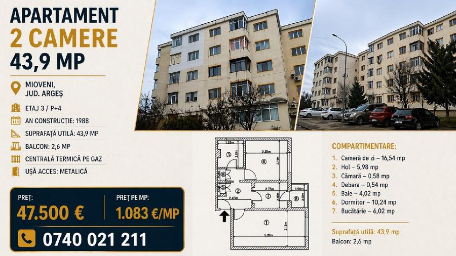 Apartament 2 camere - 44 mp - Et.3|4, Mioveni