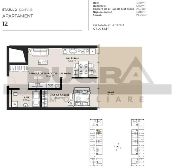 Apartament 2 camere, 44 mp, terasa 25 mp, zona Autogara