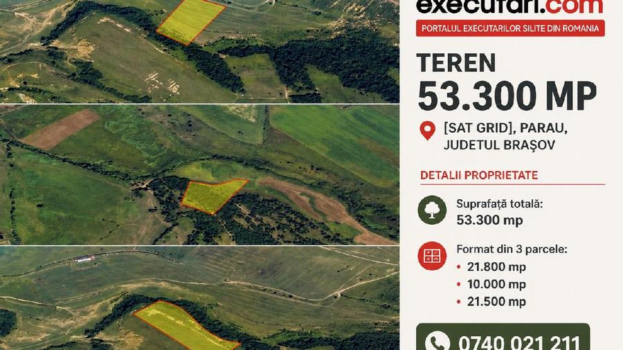 Teren arabil din 3 parcele - -53 300 mp, Sat. Grid