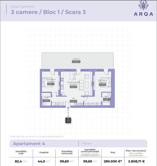 Apartament 3 Camere + Gradina 44 MP Arqa Jolie Village Pipera