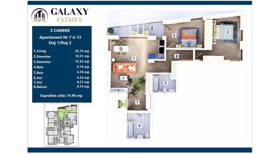 Apartament 3 CAMERE PREMIUM 74.9mp utili + 6.74 balcon FINALIZARE 2027