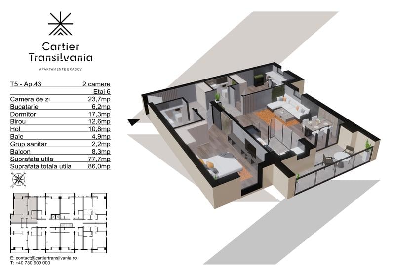 CARTIER TRANSILVANIA,APARTAMENT 2 CAMERE+BIROU FATADA VENTILATA