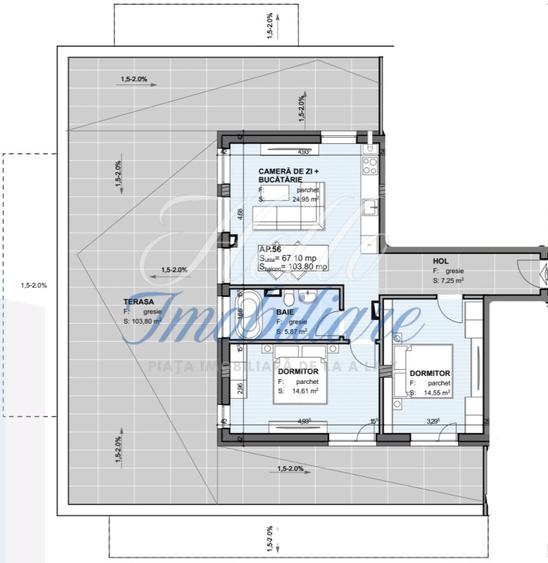 Apartament 3 camere 67.1 mp, Terasa 103.8 mp Semifinisat, Estimo Park,  Apahida