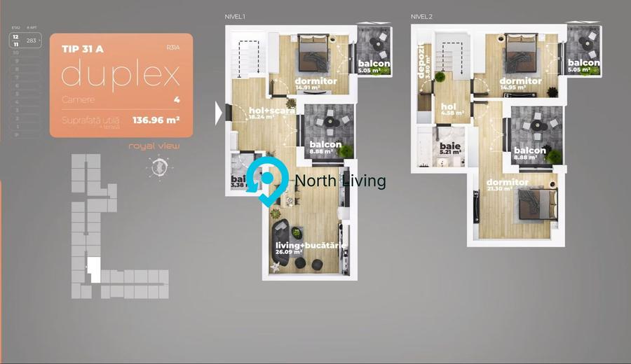 Duplex 4 camere, 91 mp + 38 mp terase, Sun Royal View - Piața Sudului