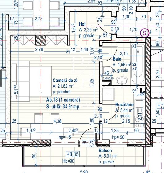 Apartament de 1 camera, decomandat , 35 MP,semifinisat, Floresti