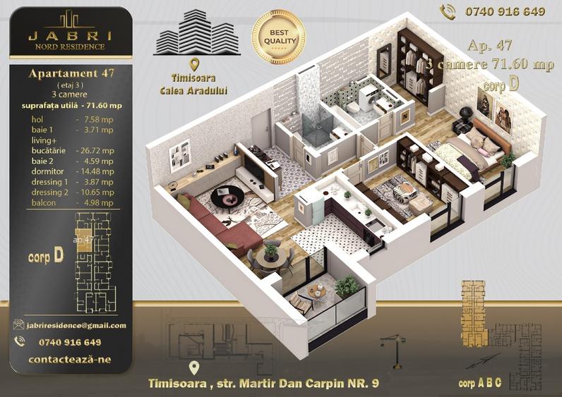 Jabri Residence vinde apartament 3 camere Calea Aradului - Piata Verde