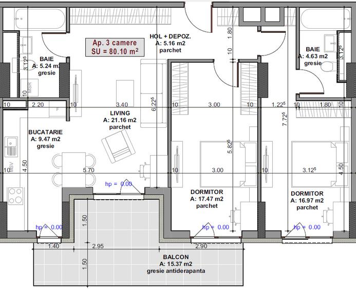 Apartament 3 Camere, 2 Băi, 80,1 mp + Balcon 15,4 mp | Elite City, Mărăști