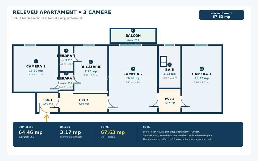 Apartament cu 3 camere, 65 mp, 2 băi și boxă | Zona Lipovei - 10