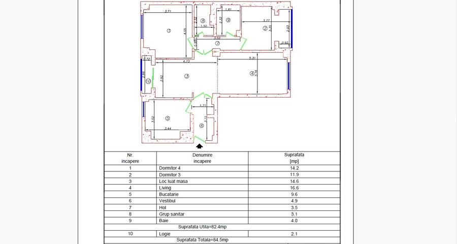 3 camere cu living de 31 mp, dormitoare de 14 și 12, bucătărie de 10,  centrală - 1