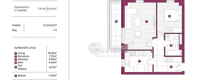 Apartament 2 camere, 55.44 mp, Comision 0%