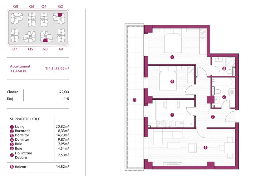 Apartament 3 camere decomandat, 84 mp, 2 bai, Kaufland Galata, tva 21% INCLUS
