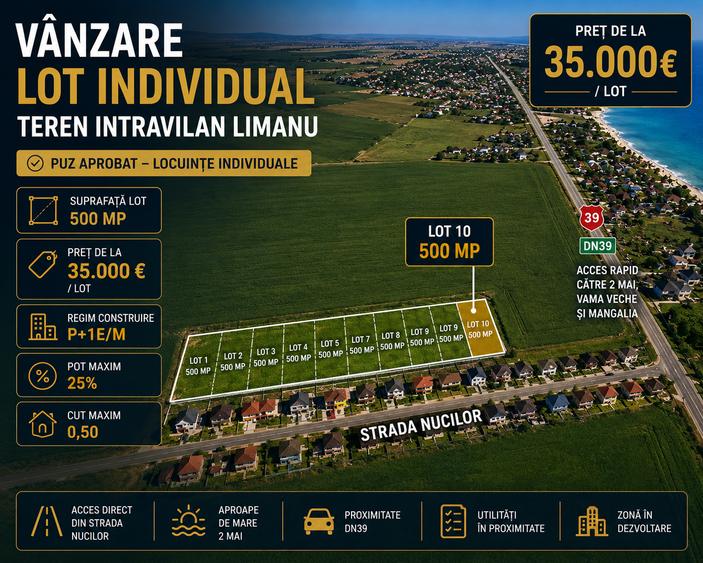 Vânzare loturi teren intravilane Limanu Vama Veche minim 500 mp. PUZ