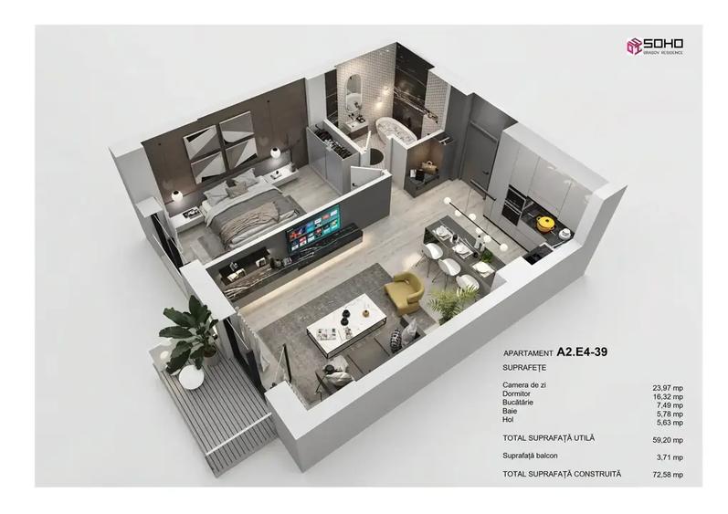 Apartament 2 camere, incalzire in pardoseala