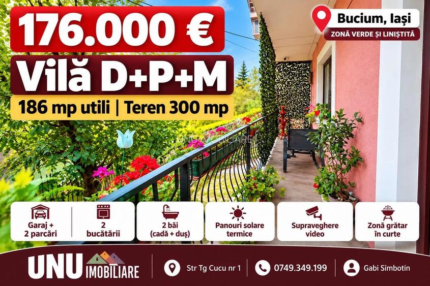 Vilă D+P+M de vânzare Bucium Iași – 186 mp utili, garaj, 2 bucătării, teren 300 mp – 176.000 €