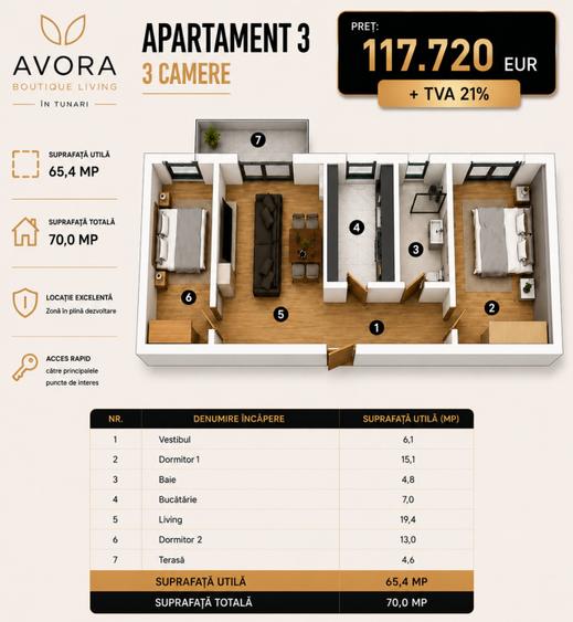 Avora Boutique Tunari, apartament 3 camere, langa Cosmopolis