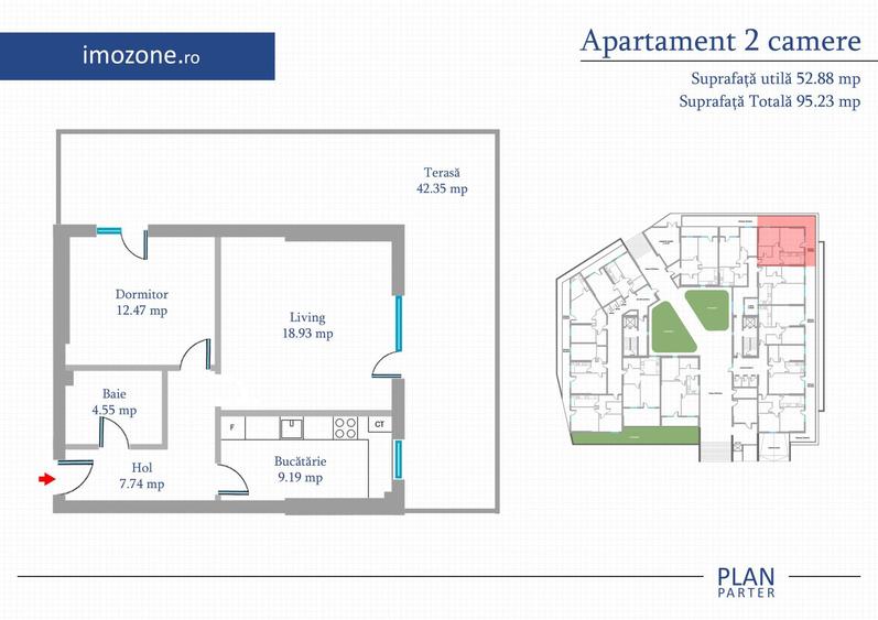 2 camere 52 mp+42 mp terasa, parter, Bloc finalizat, centrala, bucatarie inchisa