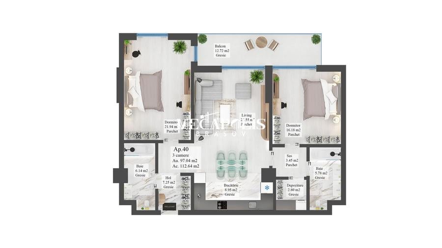 Apartament cu 3 camere | Noua | 97 mp Utili