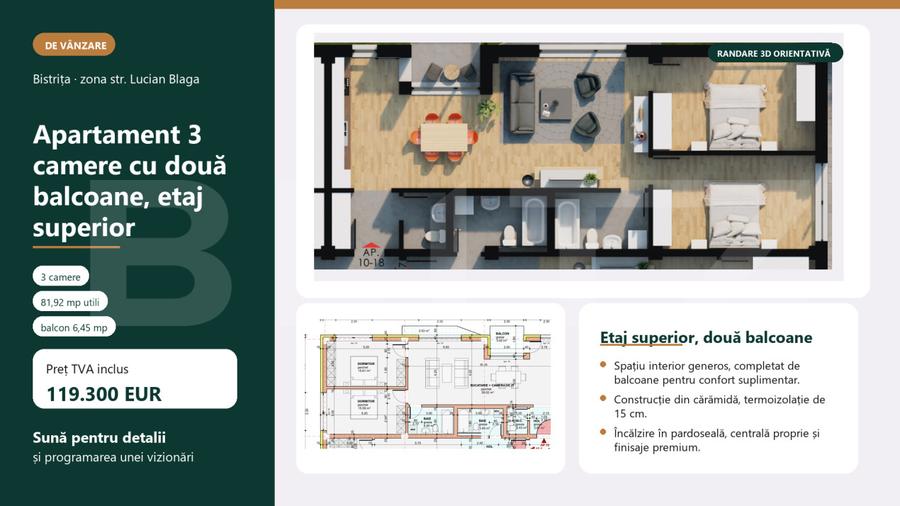 Apartament 3 camere, 82mp, bloc nou, zona Giulia
