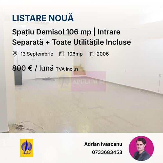 Spațiu Demisol 106 mp | Intrare Separată + Toate Utilitățile Incluse