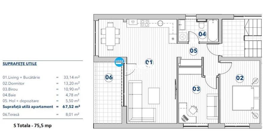 Apartament 3 camere 75 mp Rediu,parcare inclusa
