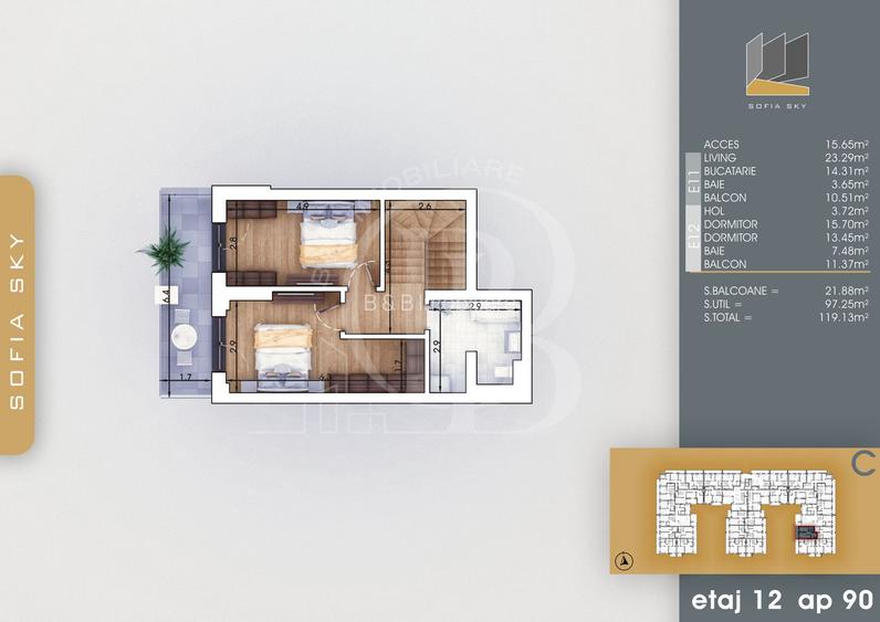 Duplex 3 camere cu Parcare Gratis | Bucatarie Inchisa 14mp - 2
