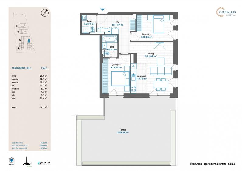 Apartament 3 camere cu terasa impresionanta de 78 mp