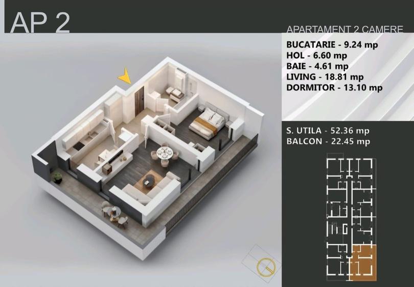 2 camere | 74 mp | Titan  | Centrala | Terasa L | Parcare | Metrou | TVA INCLUS