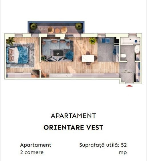 Apartament 2 camere semidecomandate, 52 mp, 9.30mp balcon, parcare subterana